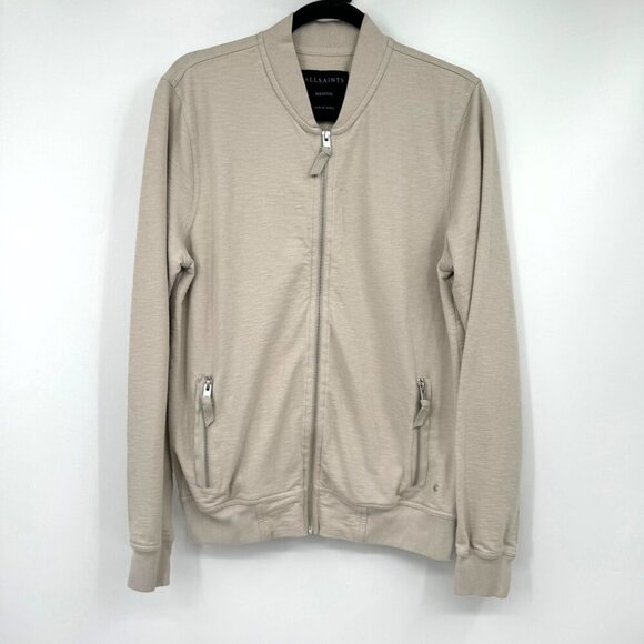 AllSaints Aries Cotton bomber jacket in gray classic full zip pockets tan gray t